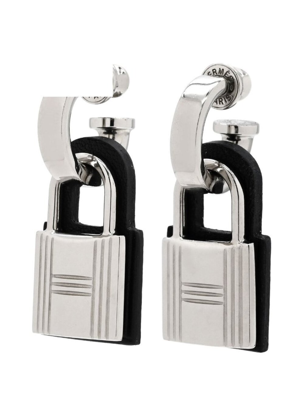 Hermes Earrings O'Kelly Metal Veau Swift Black Silver Cadena Shape Hoop